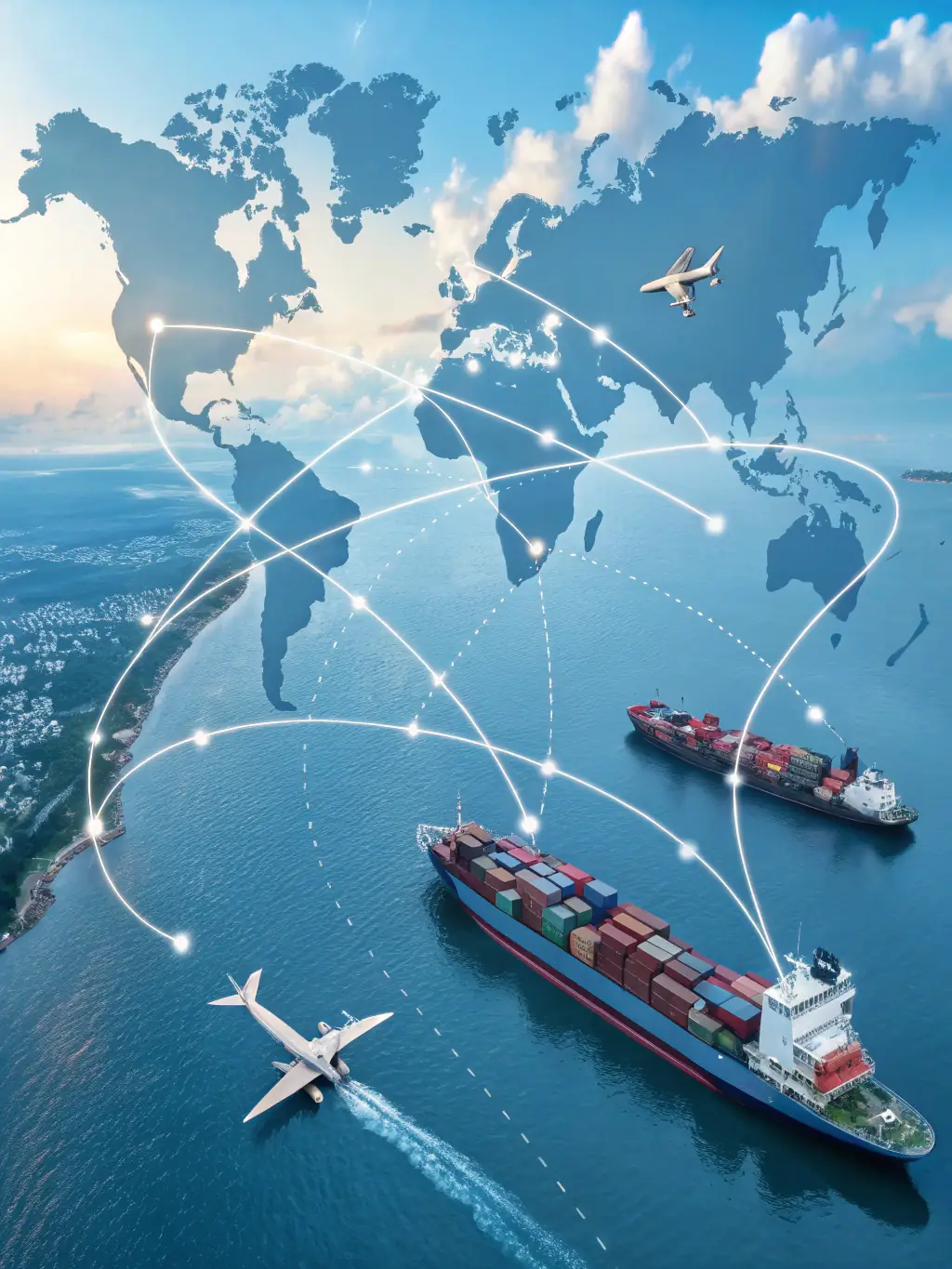 A visual representation of a global supply chain network, illustrating the process of sourcing products from various locations.
