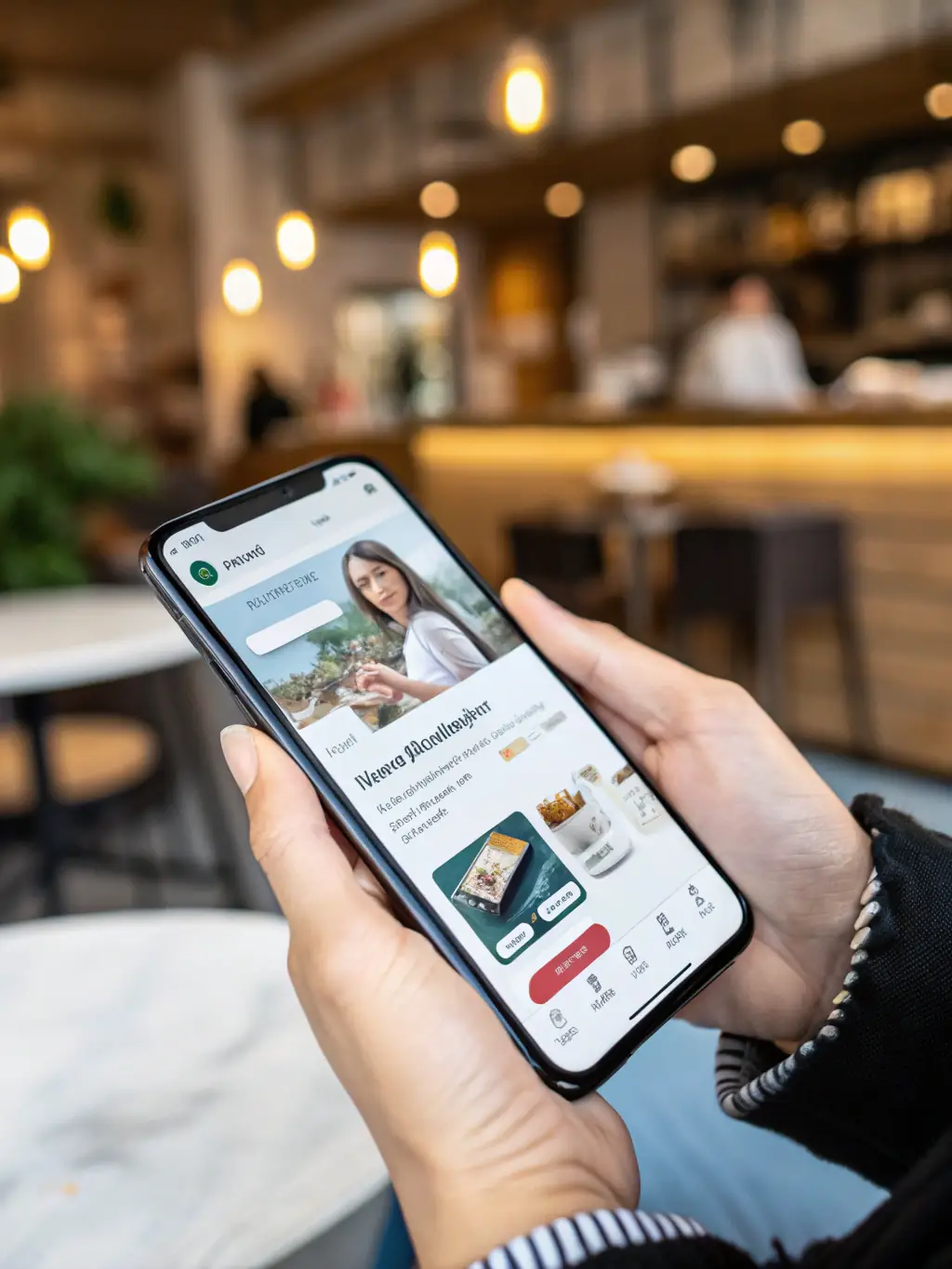A mobile app interface displaying product listings and a shopping cart, highlighting ease of navigation and secure payment options.